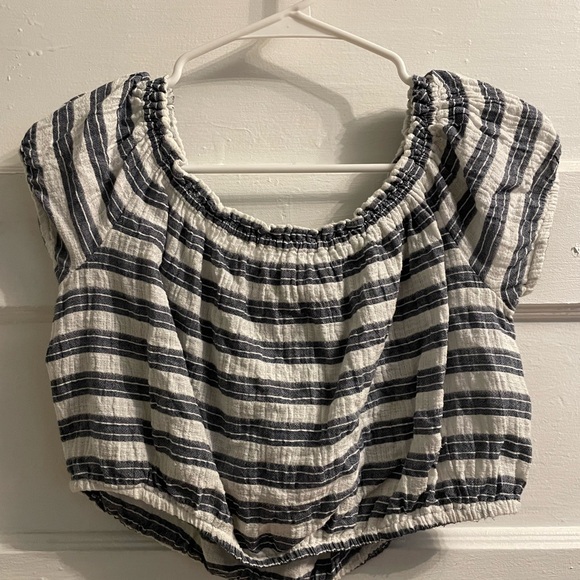 Blue and Whire Striped Off the Shoulder Crop Top - Picture 1 of 2